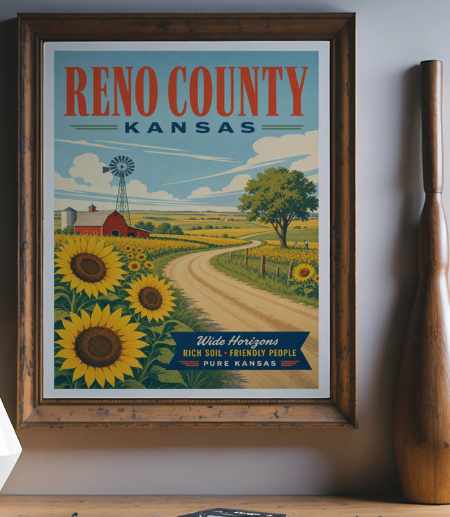 Reno County, Kansas vintage travel poster with sunflowers and windmill.
