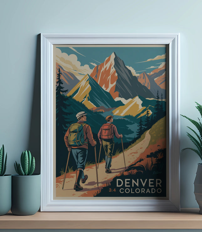 Two hikers walk up a mountain trail with Denver, Colorado below.