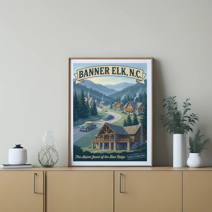 Banner Elk, NC vintage travel poster with mountain town and cars.