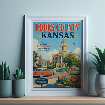 Retro Rooks County, Kansas travel poster featuring Stockton.