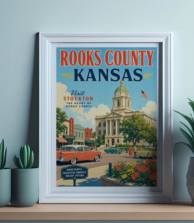 Retro Rooks County, Kansas travel poster featuring Stockton.