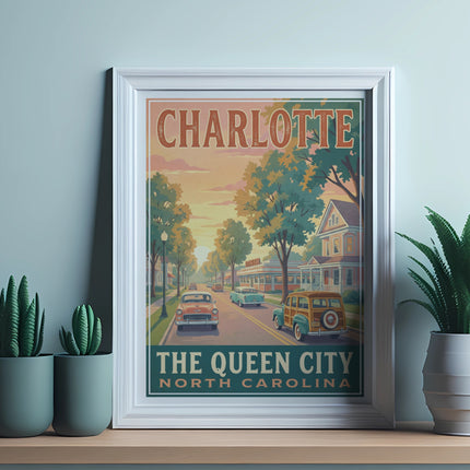 Vintage travel poster of Charlotte, NC, featuring retro cars, a diner, and houses.