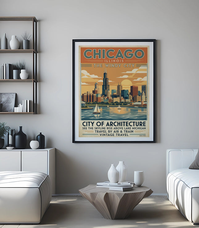 Poster with Chicago skyline, text reading "Chicago Illinois The Windy City City of Architecture".