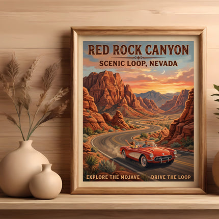 "Red Rock Canyon Scenic Loop, Nevada" poster with a red convertible driving on a desert road.