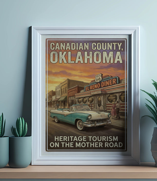 Poster of Canadian County, Oklahoma, El Reno Diner, Route 66, and vintage car.