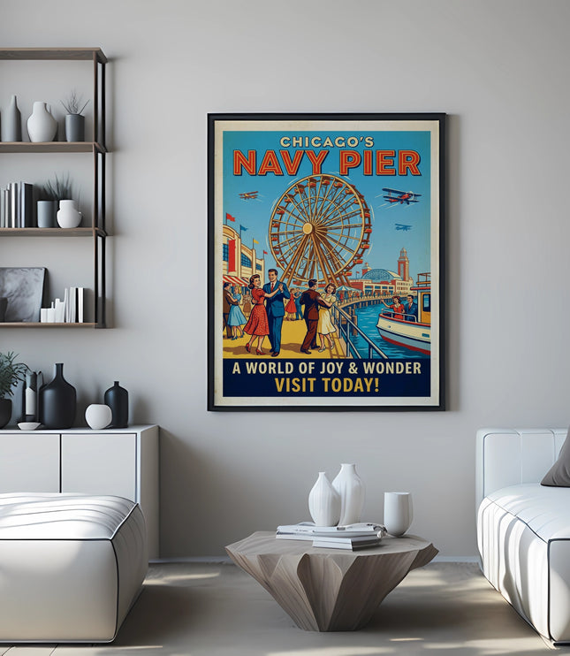 Chicago's Navy Pier vintage poster with Ferris wheel and text "A World of Joy & Wonder".