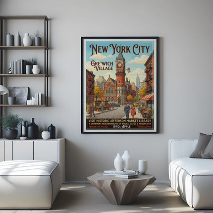 New York City Greenwich Village vintage poster for Jefferson Market Library.