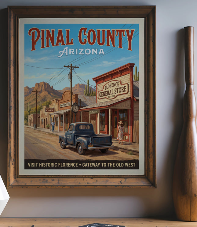 Pinal County Arizona vintage travel poster featuring Florence General Store and a pickup truck.