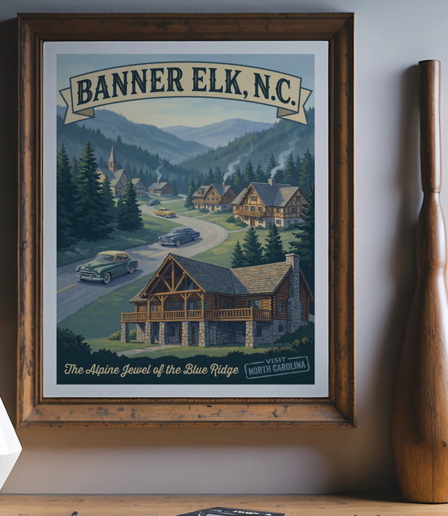 Vintage travel poster for Banner Elk, N.C. with mountains, cabins, and cars.