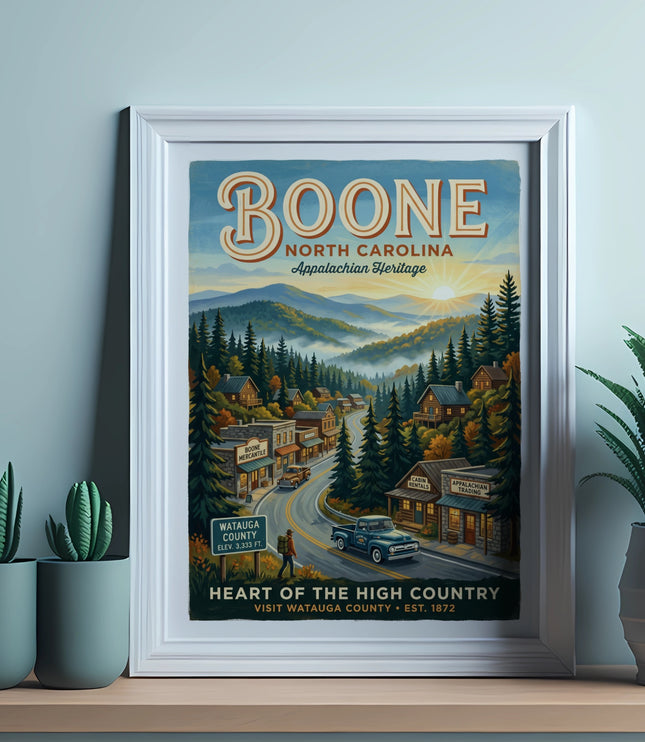 Boone North Carolina Appalachian Heritage vintage poster with mountain scene.