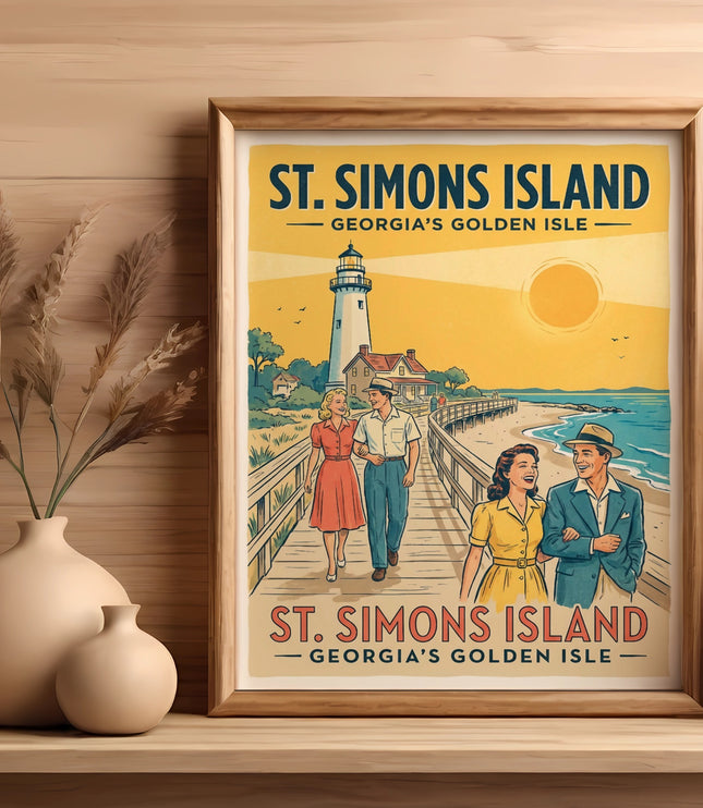 Vintage poster of couples walking on St. Simons Island near a lighthouse.