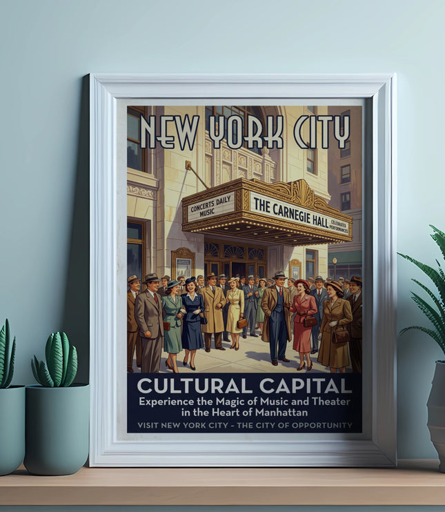 New York City poster depicts Carnegie Hall and "Cultural Capital" in Manhattan.