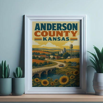 Poster of Anderson County, Kansas landscape with sunflowers and town buildings.
