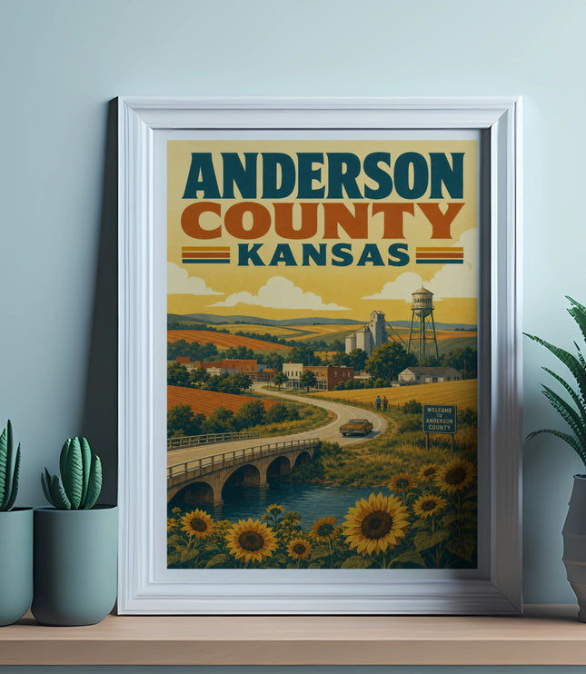 Poster of Anderson County, Kansas landscape with sunflowers and town buildings.