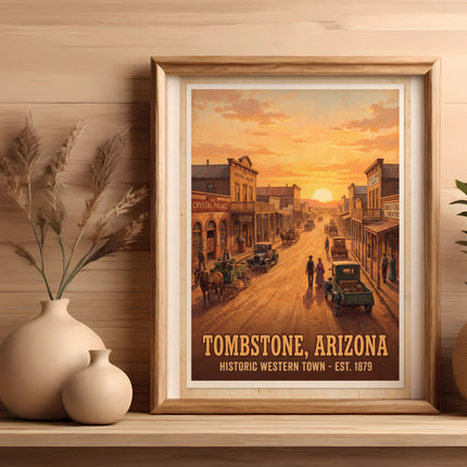 Tombstone, Arizona historic western town poster with wooden buildings and sunset.