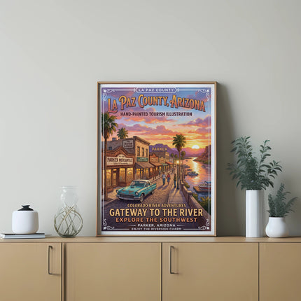 La Paz County, Arizona tourism illustration with a scenic riverfront and vintage car.