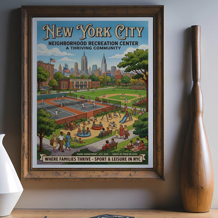 New York City Recreation Center poster with park and sports scenes.