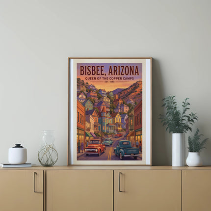 Bisbee, Arizona "Queen of the Copper Camps" retro travel poster with vintage cars.