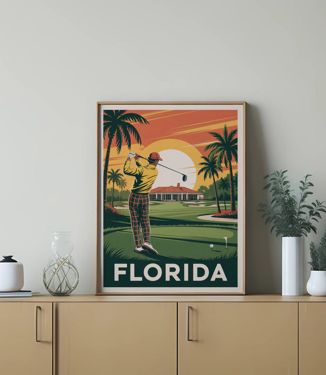 Poster art of a golfer on a Florida golf course at sunset with palm trees.