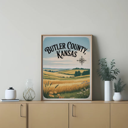 Vintage Butler County, Kansas landscape poster on a dresser.