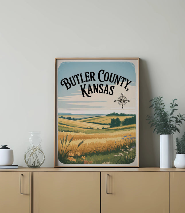 Vintage Butler County, Kansas landscape poster on a dresser.