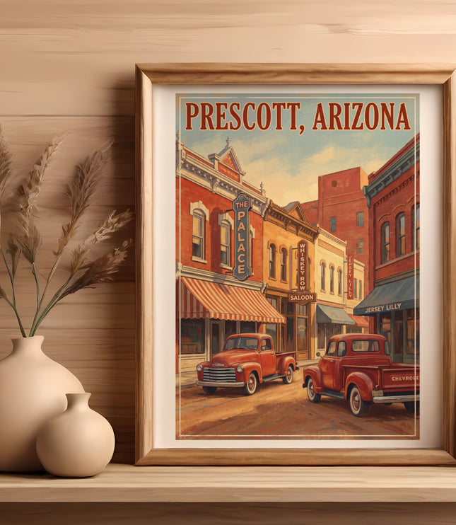 Vintage art print of downtown Prescott, Arizona with classic red trucks.