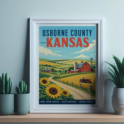 Osborne County, Kansas vintage travel poster with farm, sunflowers, and text.