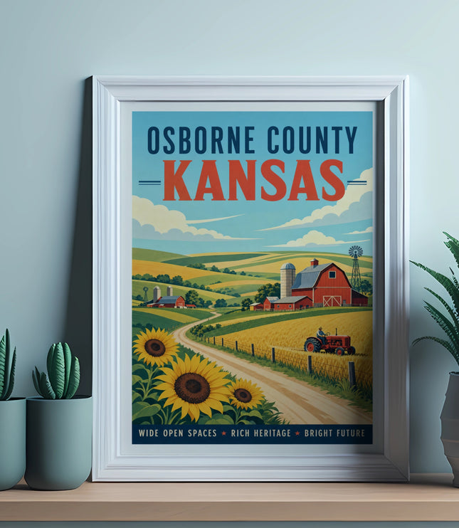 Osborne County, Kansas vintage travel poster with farm, sunflowers, and text.