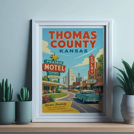 Vintage Thomas County, Kansas Prairie Motel poster with car and buildings.