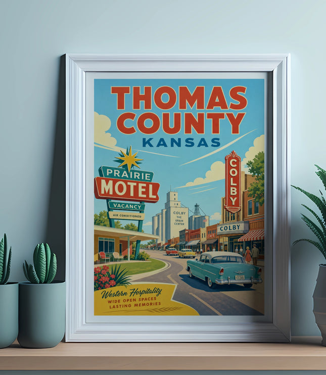 Vintage Thomas County, Kansas Prairie Motel poster with car and buildings.