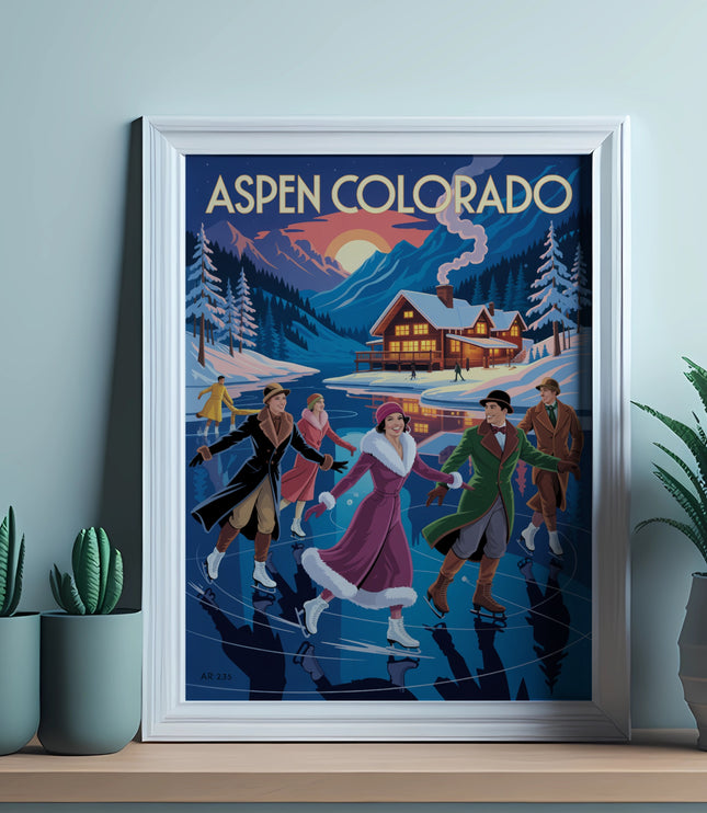Aspen Colorado ice skaters in a winter village scene with mountains.