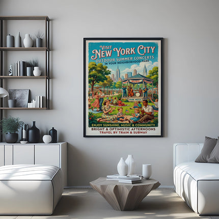 New York City outdoor summer concerts poster with diverse people enjoying music in a park.