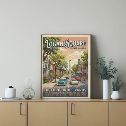 Logan Square Chicago Illinois poster with vintage cars and buildings.