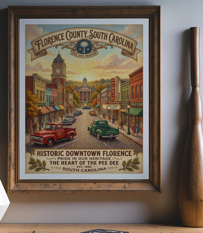 Florence County, South Carolina vintage downtown scene with trucks and buildings.