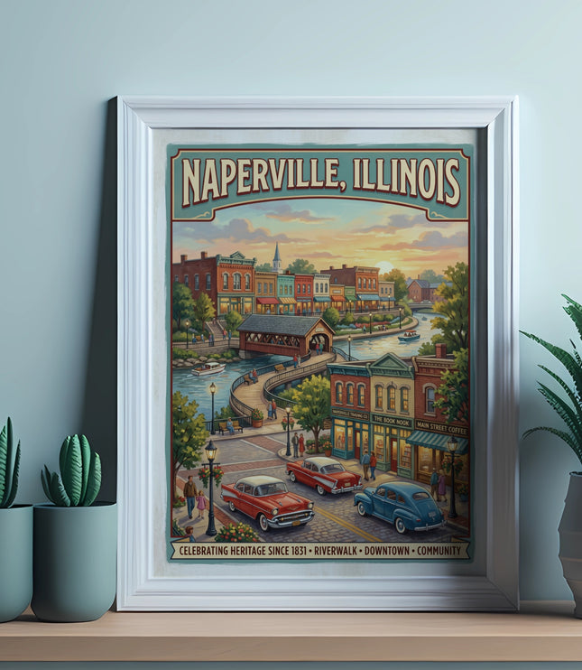 Naperville, Illinois artwork featuring downtown with covered bridge, river, and cars.