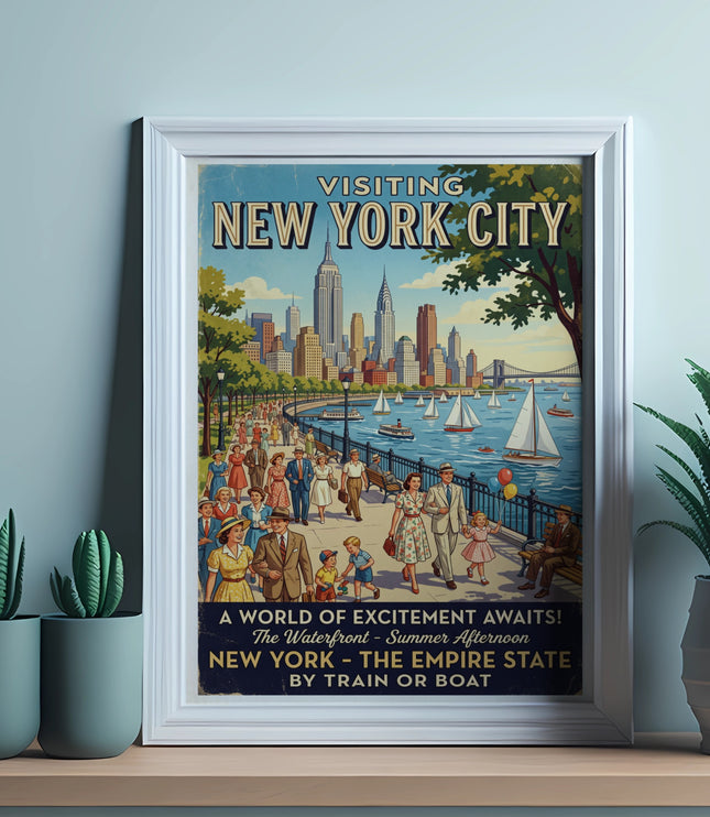 Vintage "Visiting New York City" poster with families on a waterfront boardwalk.