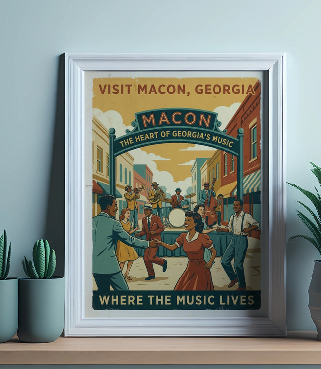 Vintage poster for Macon, Georgia, depicting a jazz band playing for dancers.