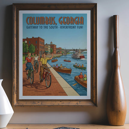 Columbus, Georgia riverfront fun poster with people cycling and boating.