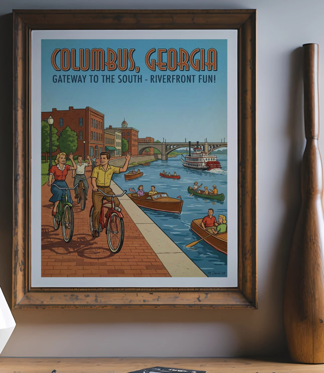 Columbus, Georgia riverfront fun poster with people cycling and boating.
