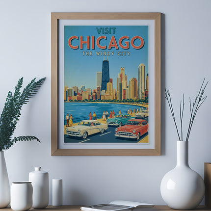 Vintage travel poster for Chicago, showing skyline, cars, and text "Visit Chicago The Windy City".