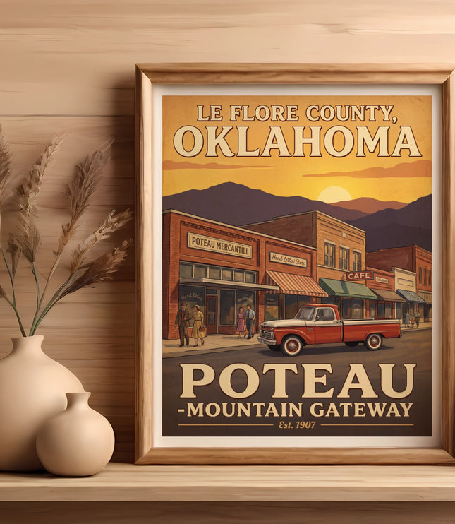 Le Flore County Oklahoma poster with "Poteau Mountain Gateway Est. 1907".