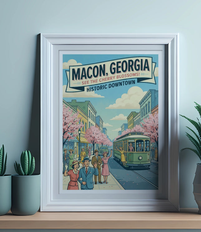 Framed poster of Macon, Georgia historic downtown with cherry blossoms and a trolley.