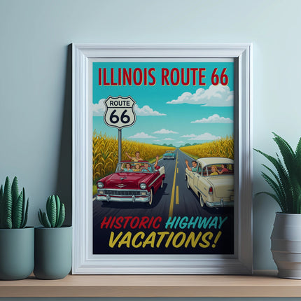 Route 66 vintage travel poster with classic cars and cacti.