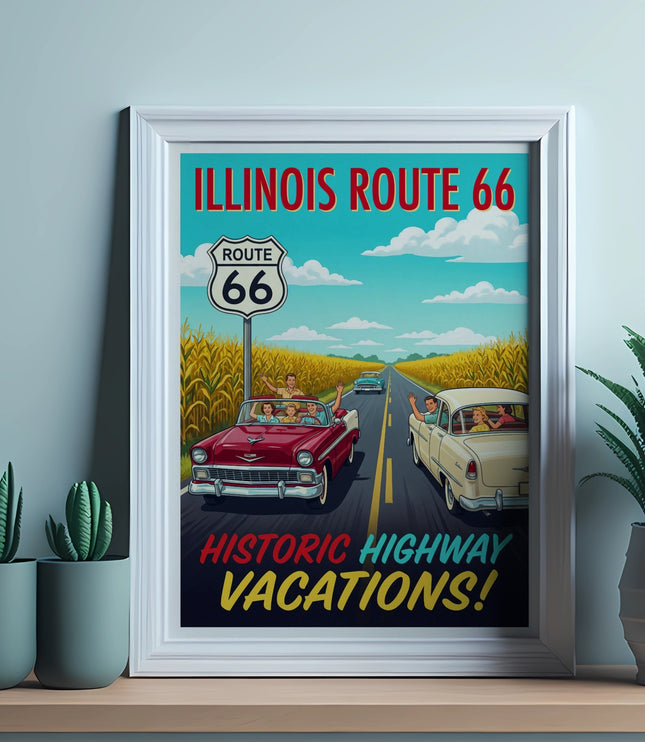 Route 66 vintage travel poster with classic cars and cacti.