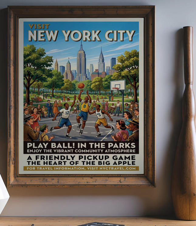 Vintage poster of New York City skyline with people playing basketball.