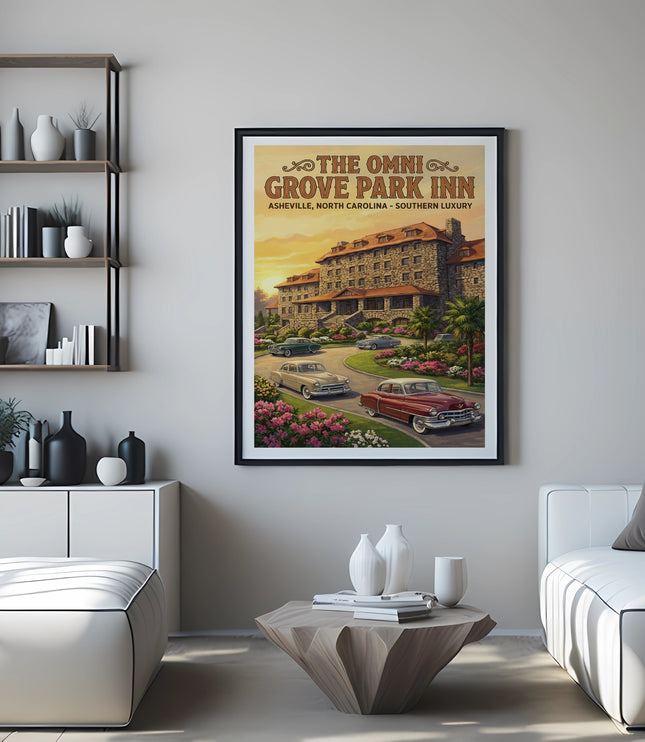 Retro poster of The Omni Grove Park Inn in Asheville, North Carolina.