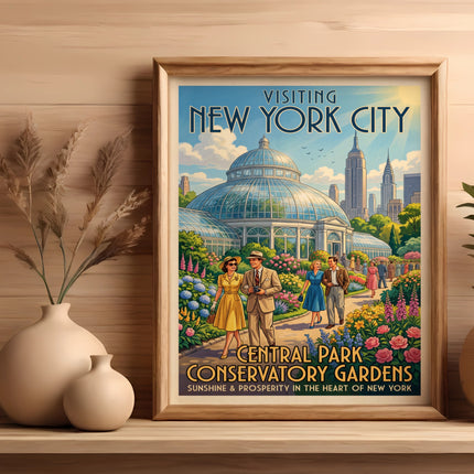 Vintage "Visiting New York City Central Park Conservatory Gardens" poster with people and buildings.