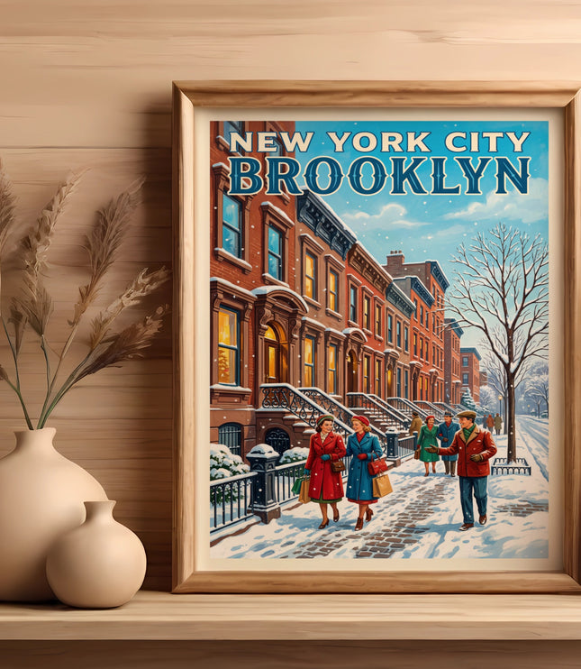 New York City Brooklyn winter scene vintage poster in wooden frame