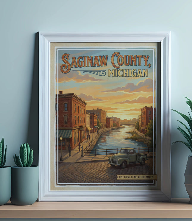Saginaw County, Michigan vintage poster with downtown riverfront and truck.