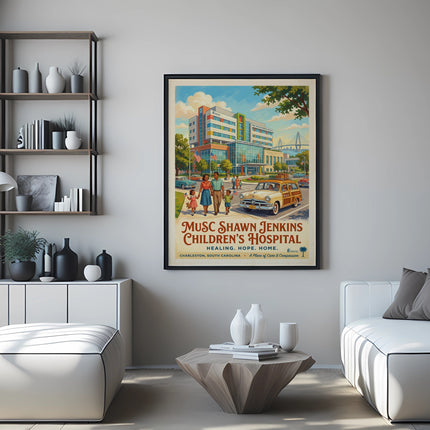 Poster of MUSC Shawn Jenkins Children's Hospital with family and car.